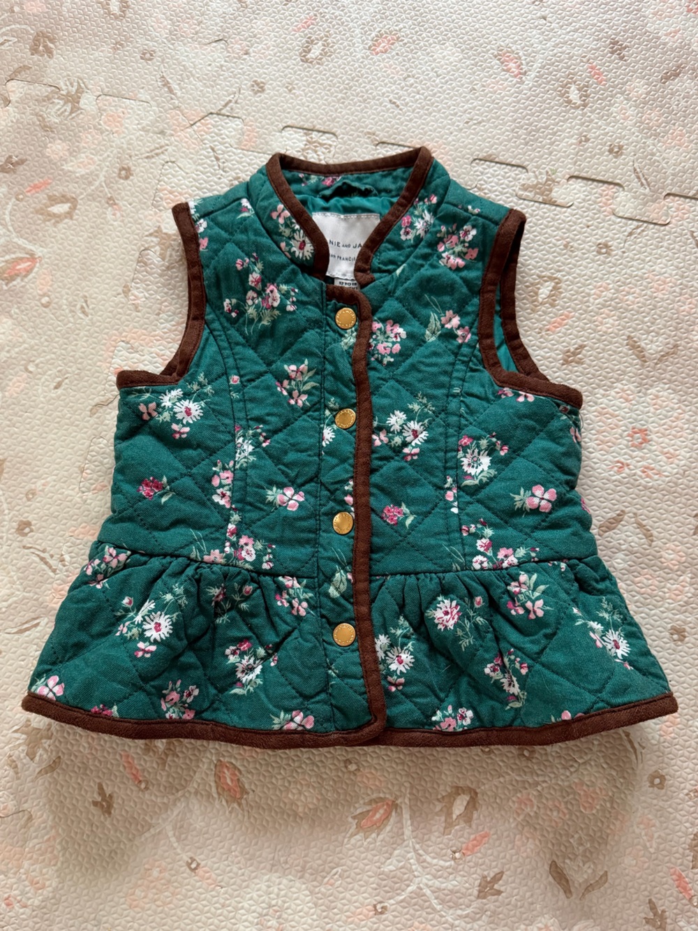 Janie and Jack Quilted Green Floral Peplum Vest with Brown Trim